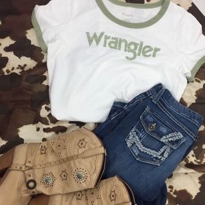 NWT Womens Wrangler Ringer Tee Vintage Logo Sz L